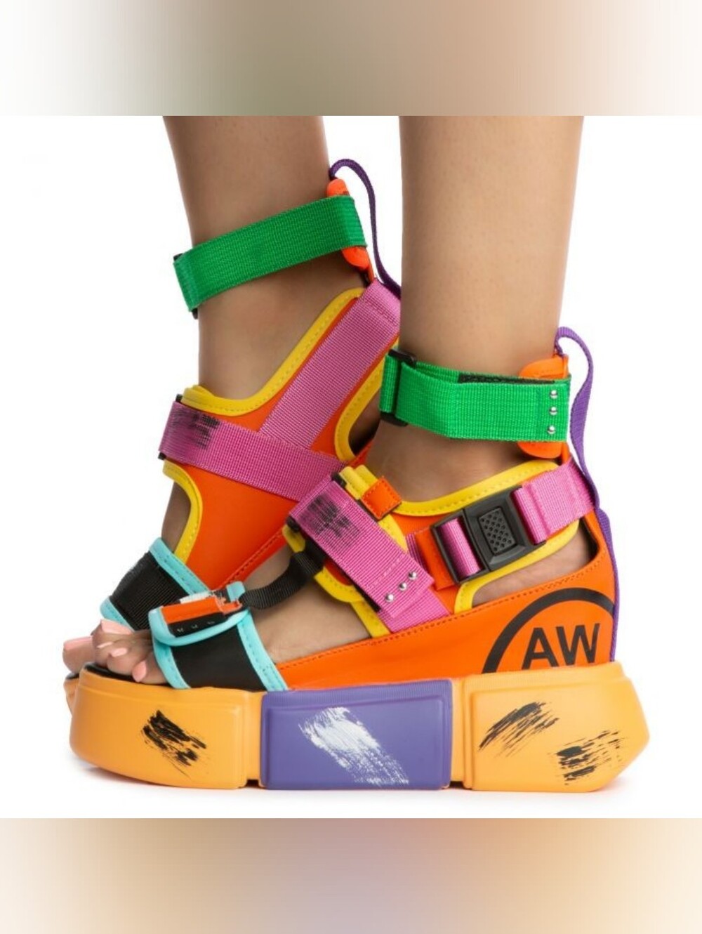 EUC Anthony Wang Vibrant Platform Strappy Sport Sandals Pink/Orange/Green - 7.5